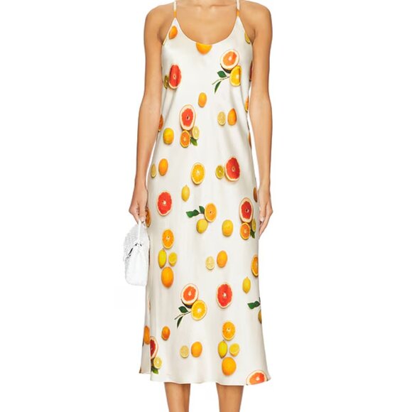 Lunya Washable Silk Bias Slip Dress in Main Squeeze Orange Print Medium